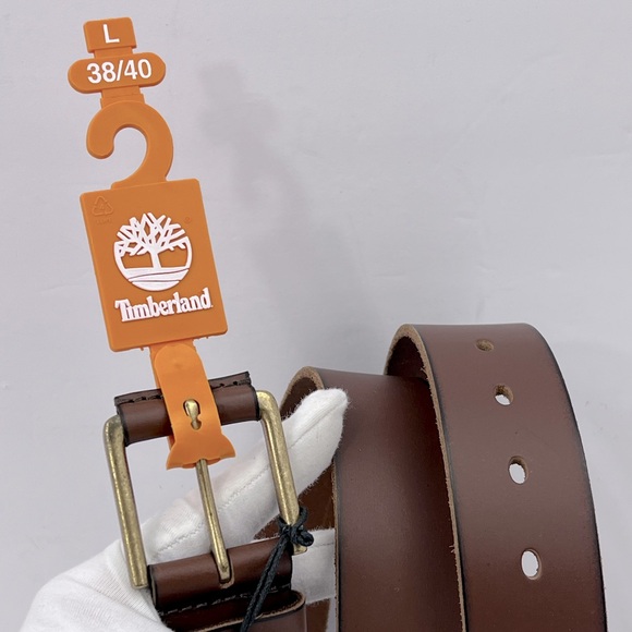 TIMBERLAND MEN’S BELT, BROWN COLOR, LEATHER WITH GOLD BUCKLE, LARGE (38/40) - Picture 3 of 10